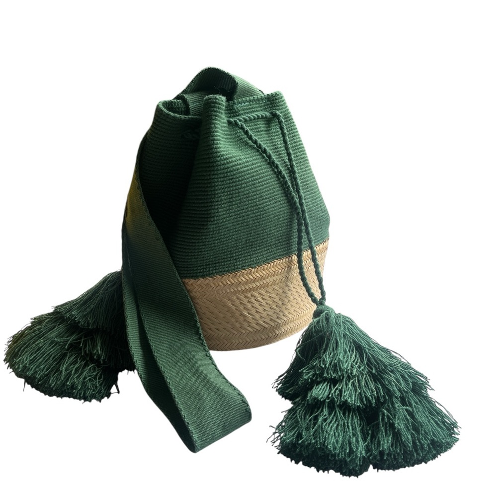 Wool and straw bucket bag